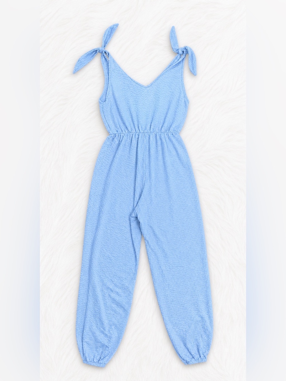 Rolla Coster Blue Textured Tie Strap Jumpsuit Small Soft Stretch Lounge Coastal - Picture 3 of 3